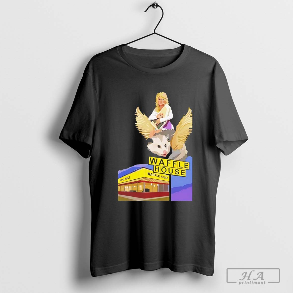 Dolly Parton Riding A Winged Possum Over Waffle House Shirt
