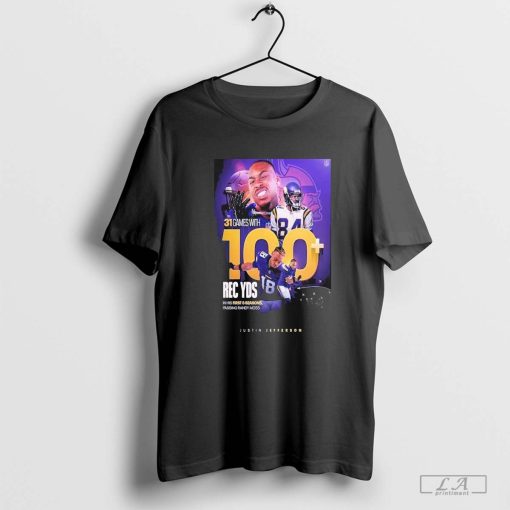 Justin Jefferson From Minnesota Viking 31 Games With 100 Rec Yds Nfl 2024 T-Shirt