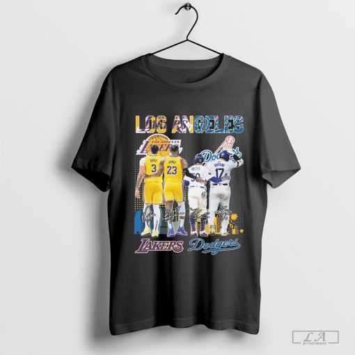 Los Angeles Lakers Davis And James, Los Angeles Dodgers Betts And Ohtani Celebrating Championship 2024 Signatures T-Shirt