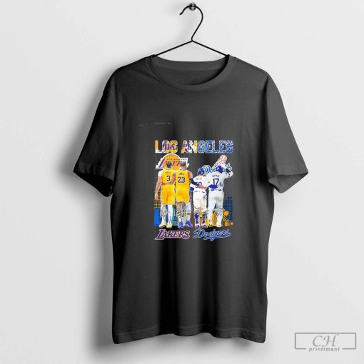 Los Angeles Lakers and Los Angeles Dodgers Celebrating Championship skyline signatures shirt