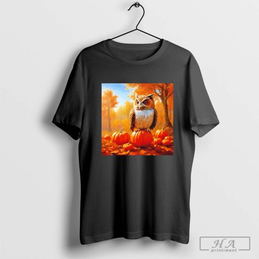 Radiant Owl on a Pumpkin in Autumn Forest T-shirt