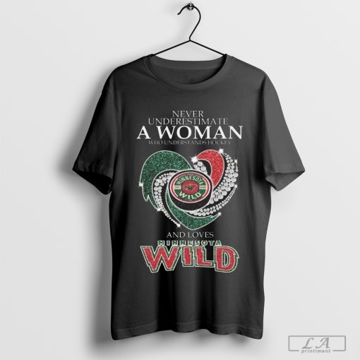 Minnesota Wild Never Underestimate A Woman Who Understand Hockey And Loves Minnesota Wild Diamond Heart Shirt