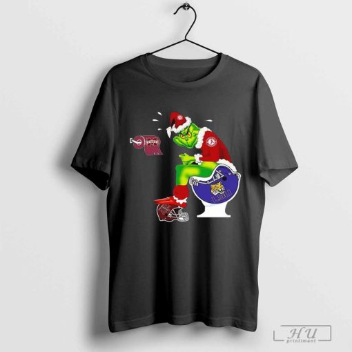 The Grinch Sitting On A Toilet Wearing A Alabama Crimson Tide Toilet LSU Tigers Texas A&M Aggies Christmas Shirt