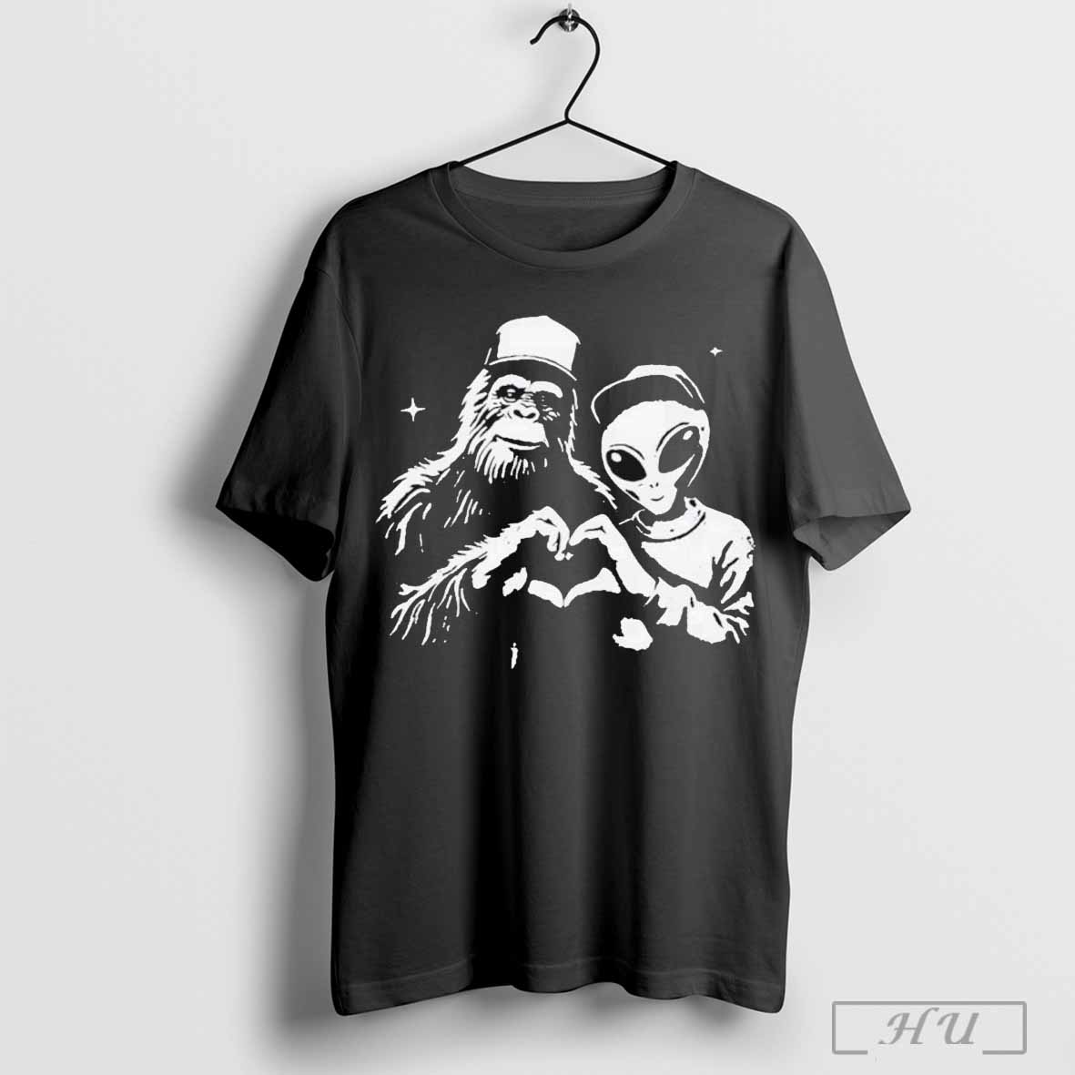 Bigfoot And Alien Heart Hands T Shirt Sweatshirt Cutom Poster Coffee Mugs Ornaments