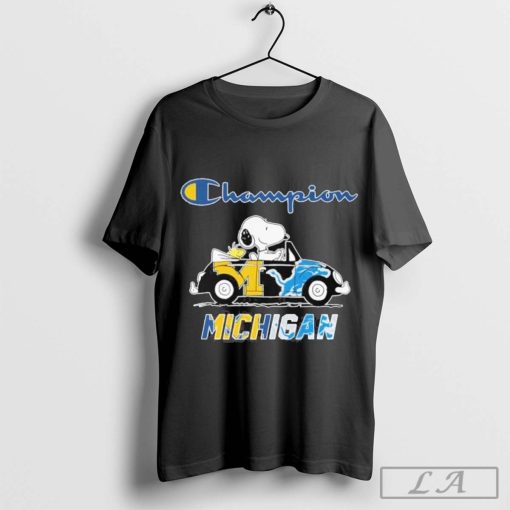 Official Official Peanuts Snoopy And Woodstock On Car Champion Michigan Wolverines X Detroit Lions Shirt