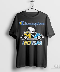 Peanuts Snoopy And Woodstock On Car Champion Michigan Wolverines X Detroit Lions Shirt