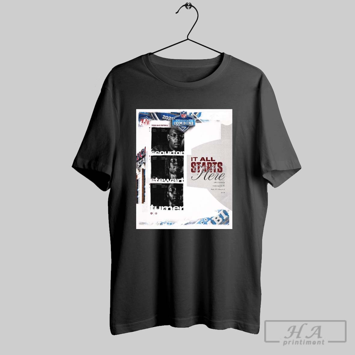 Poster It All Starts Here Nfl Scouting Combine 2025 Nic Scourton Shemar Stewart Shemar Turner T Shirt