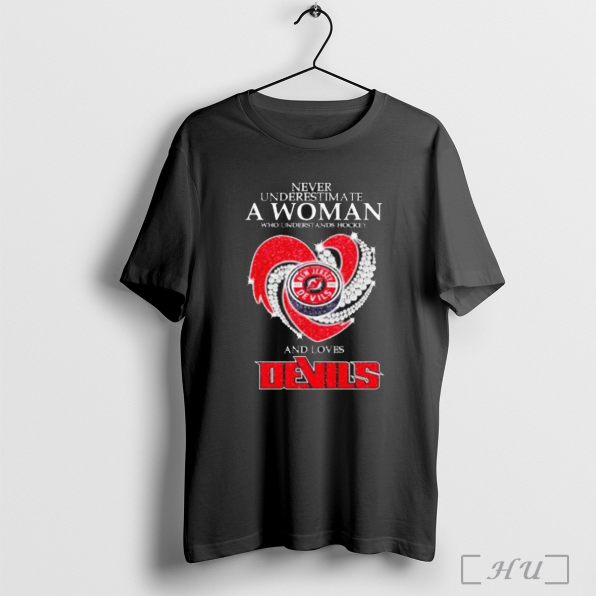 Trendy Never Underestimate A Woman Who Understands Hockey And Loves Devils Heart Hockey Puck Logo T Shirt