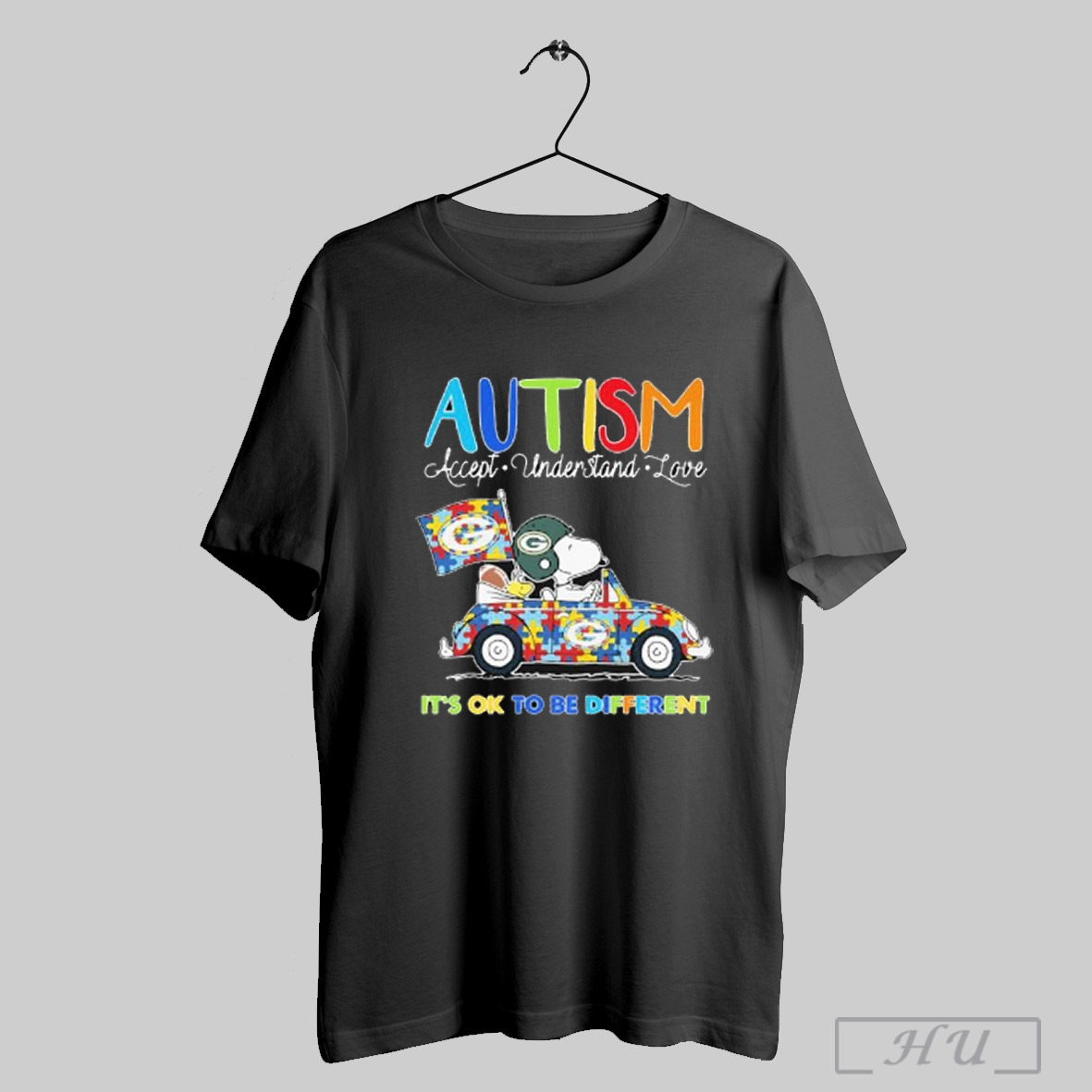 Trendy Snoopy And Woodstock Green Bay Packers Driving Car Autism Accept Understand Love Its Ok To Be Different T Shirts