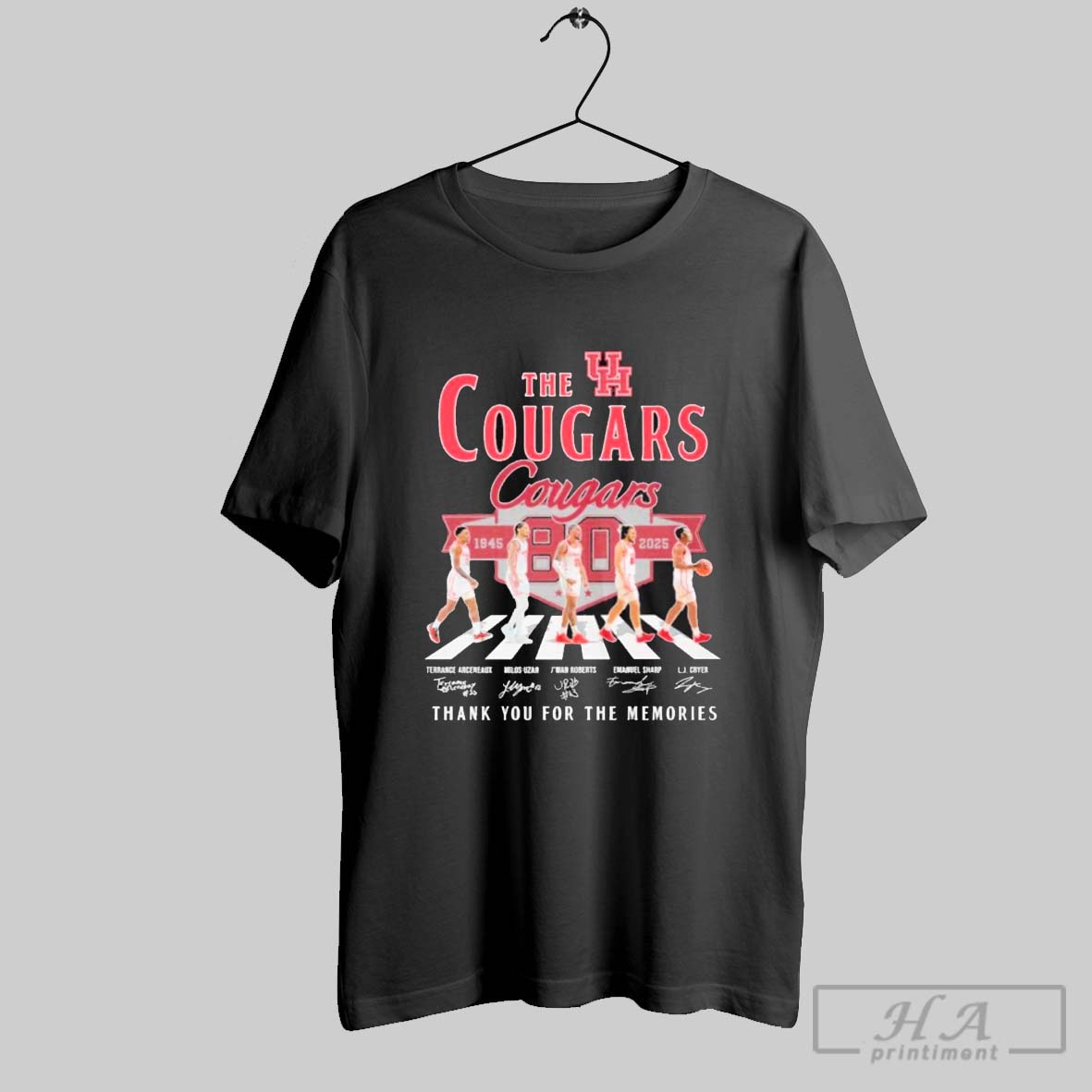 Official Houston Cougars Mens Basketball 80th 1945 2025 Signature Thank You For The Memories Logo Shirt