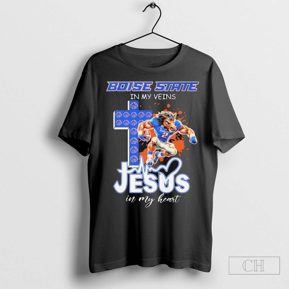 Boise State Broncos Football In My Veins Jesus In My Heart Mascot Cross T Shirt