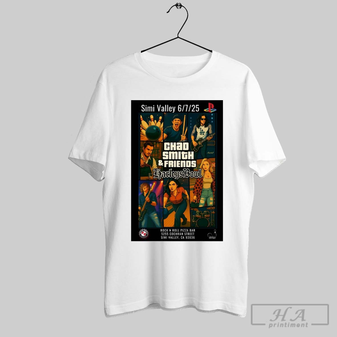 Official Chad Smith Friends Harleys Bowl Rock N Roll Pizza Bar Simi Valley 6 7 2025 Poster T Shirt
