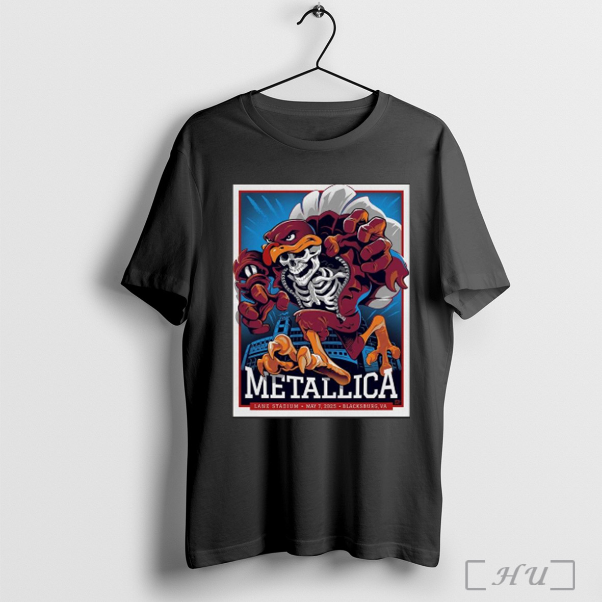 Trending Metallica M72 Virginia Tech 2025 Venue In Blacksburg Va At Lane Stadium On May 7 2025 Skeleton Mascot Hokie Bird Shirt Sweatshirt