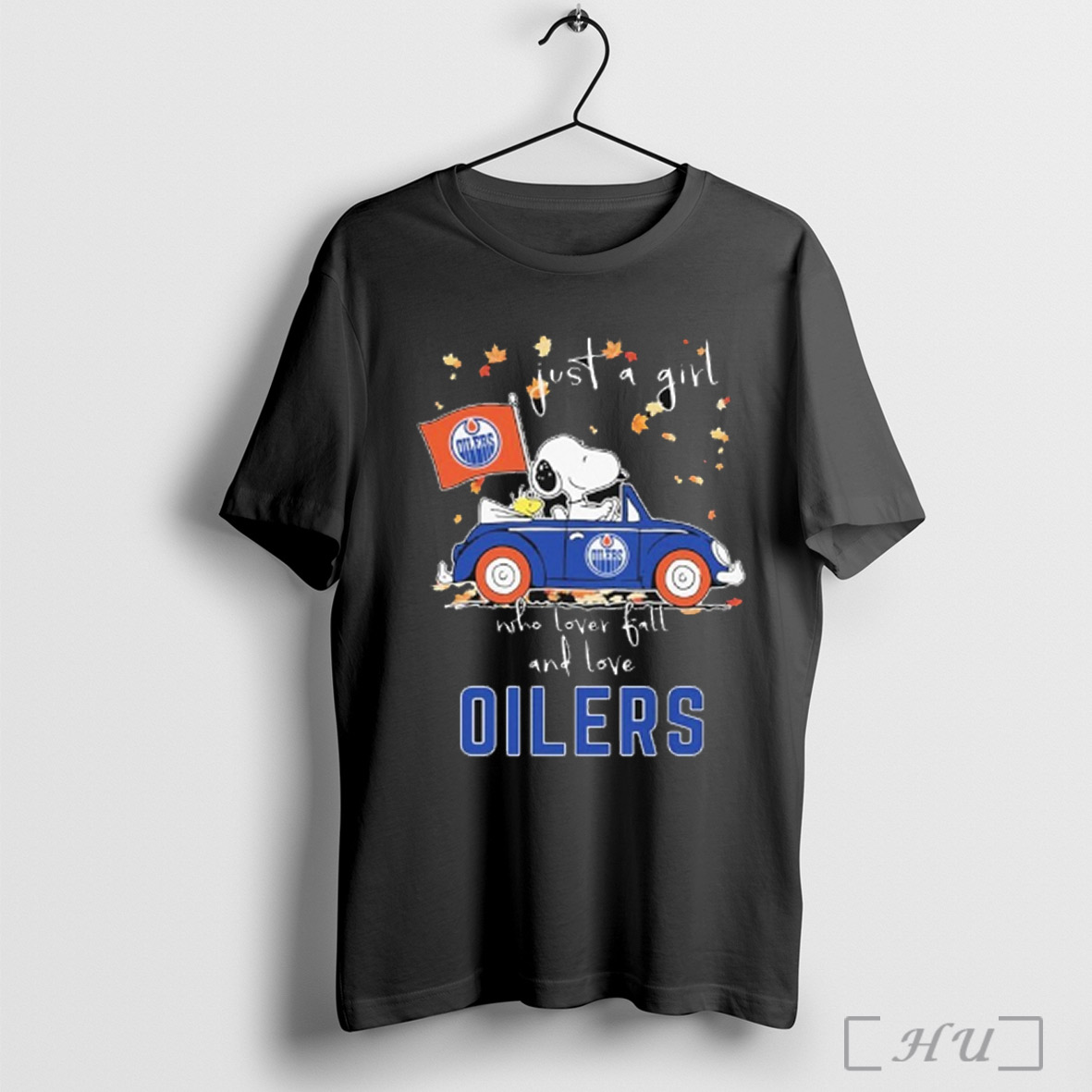 Trending Snoopy And Woodstock Driving Car The Peanuts Just A Girl Who Lover Fall And Love Edmonton Oilers T Shirt Sweatshirt