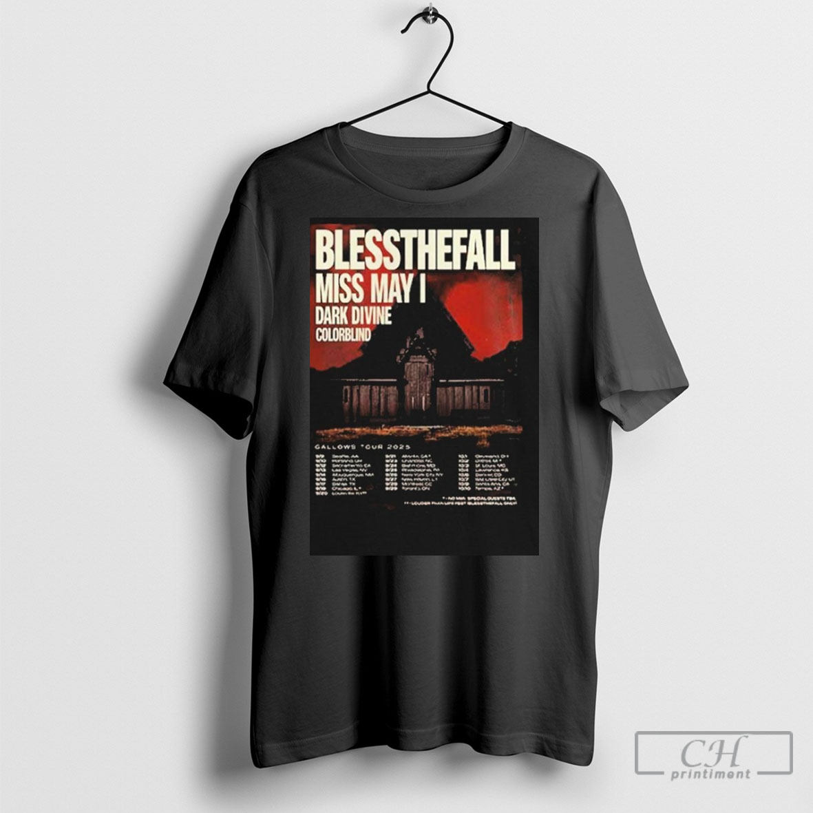 Blessthefall Gallows Tour 2025 With Miss May I Dark Divine And Colorblind Gothic Church T Shirt