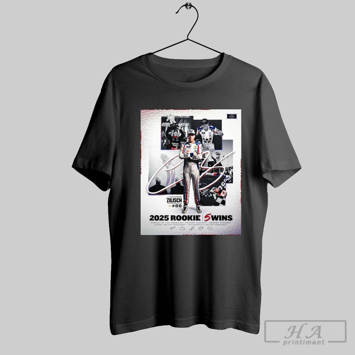 Official Connor Zilisch 2025 Rookie 5 Wins Nascar Xfinity Series Indianapolis Motor Speedway Signature Poster T Shirt