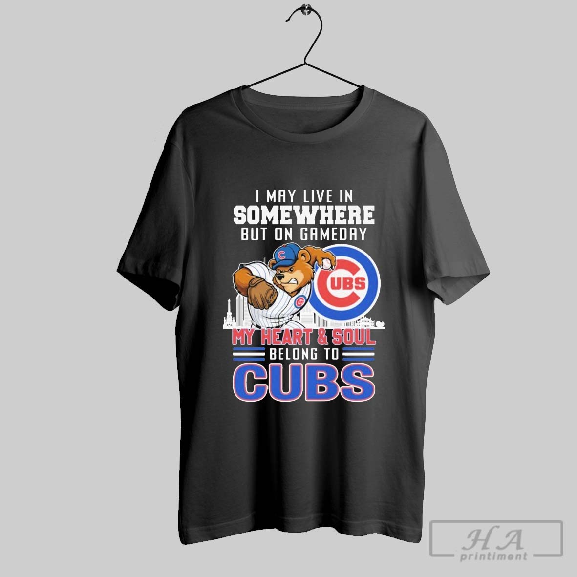 Official I May Live In Somewhere But On Gameday My Heart And Soul Belong To Chicago Cubs Mascot T Shirts