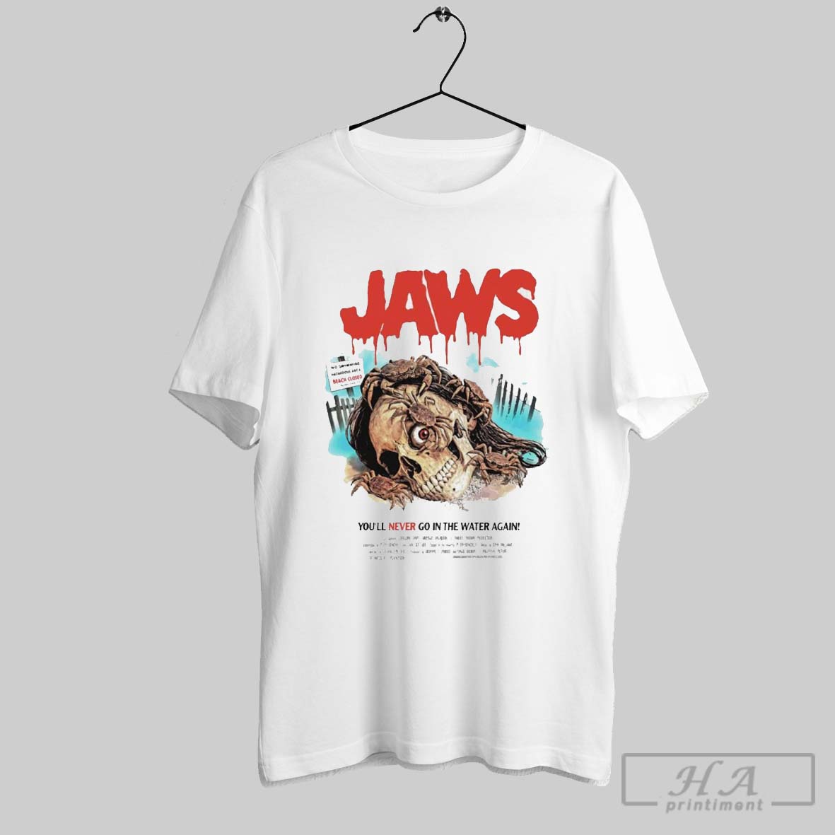 Official Jaws Movie 2025 No Swimming Hazardous Area Beach Closed Youll Never Go In The Water Again T Shirt