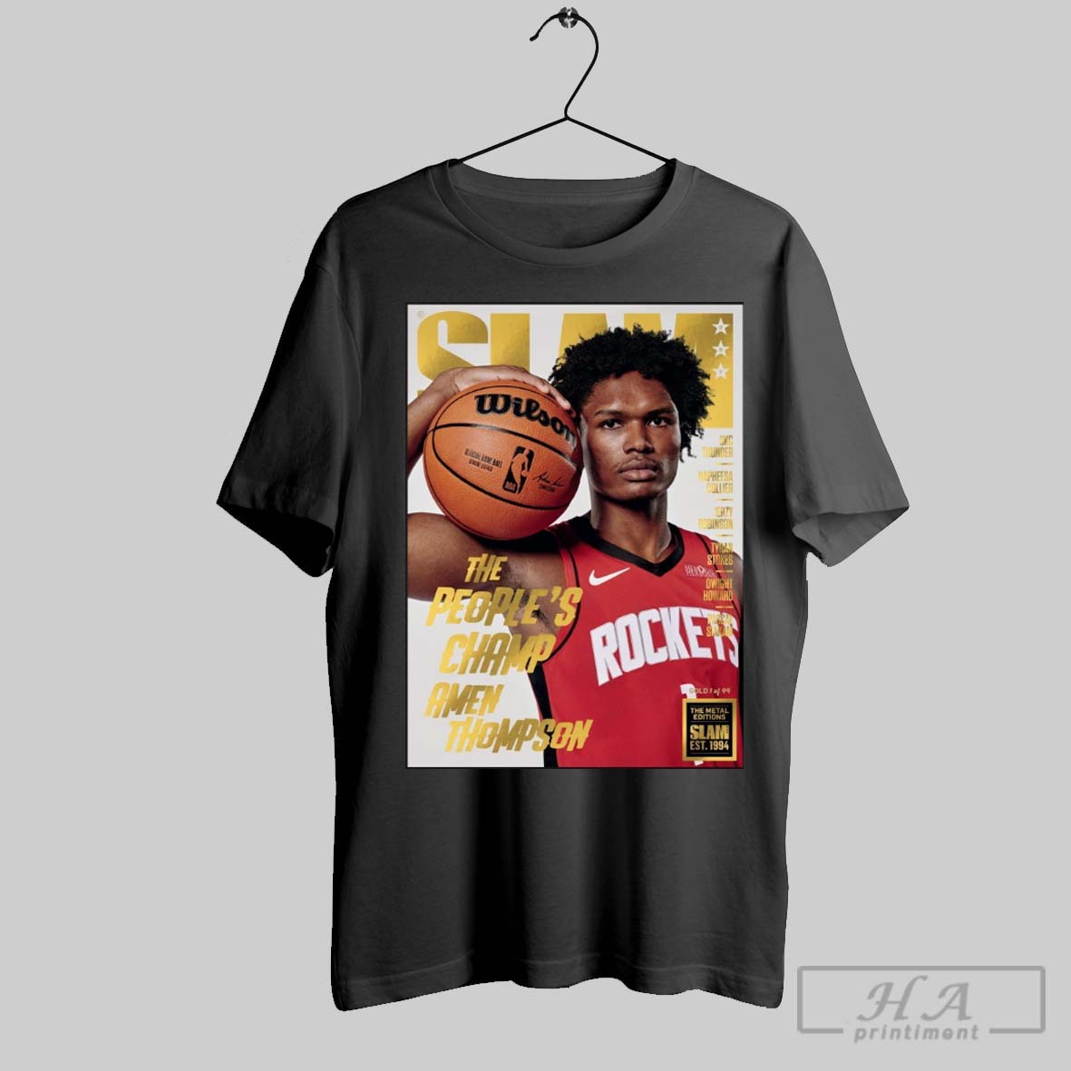 Official Slam 257 Gold Metal Amen Thompson The Peoples Champ Houston Rockets Basketball Poster T Shirt