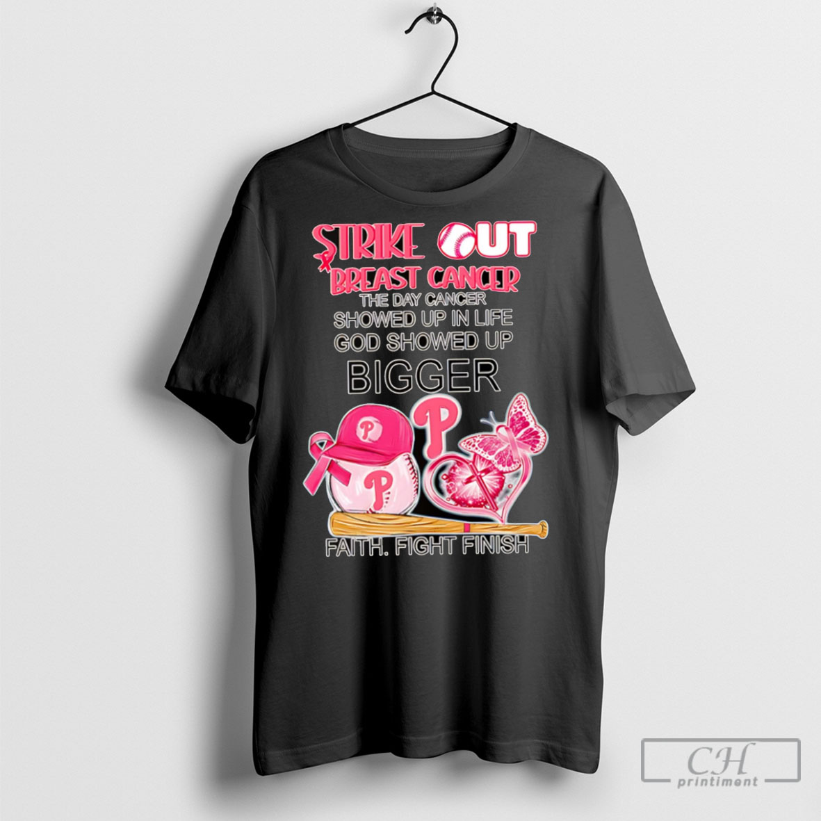 Strike Out Breast Cancer The Day Cancer Showed Up In Life God Showed Up Bigger Philadelphia Phillies Tee Shirt Sweatshirt