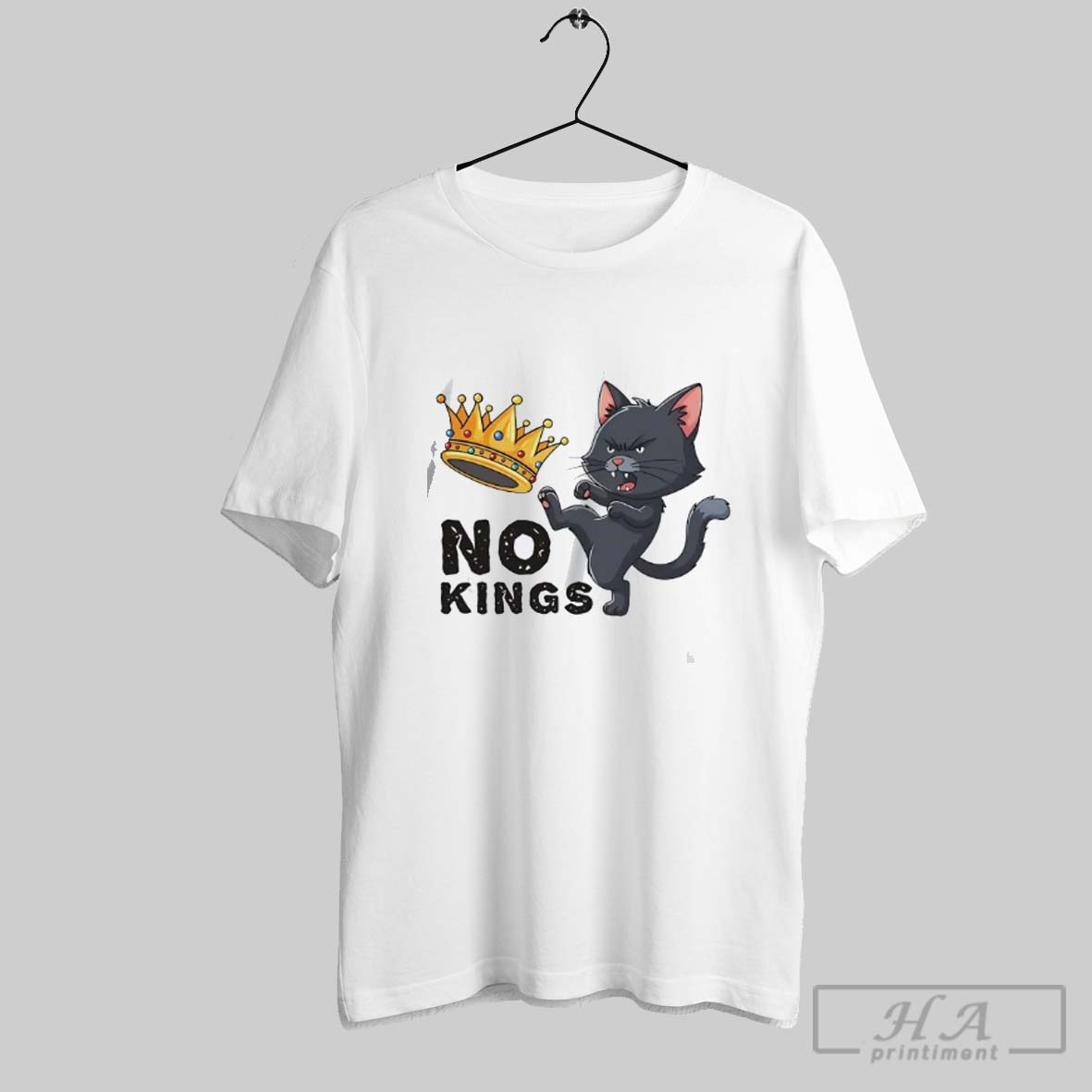 Black Cat Kicking Crown No Kings Shirt
