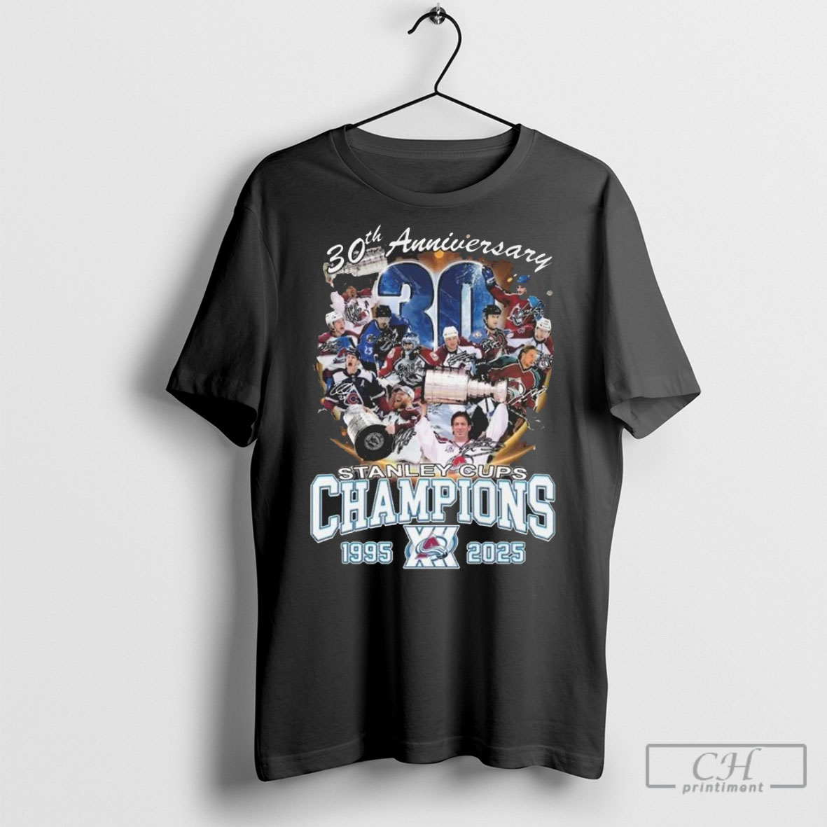 Colorado Avalanche 30th Anniversary Stanley Cups Champions 1995 2025 Signatures T Shirts