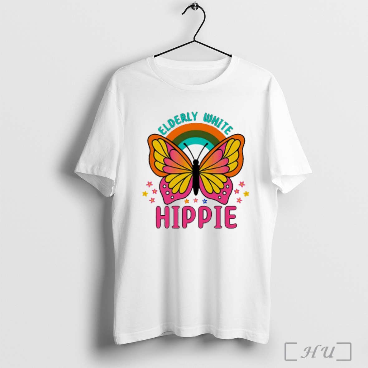 Elderly White Hippie Retro Butterfly Rainbow Flower Design Graphic T Shirt Sweatshirt