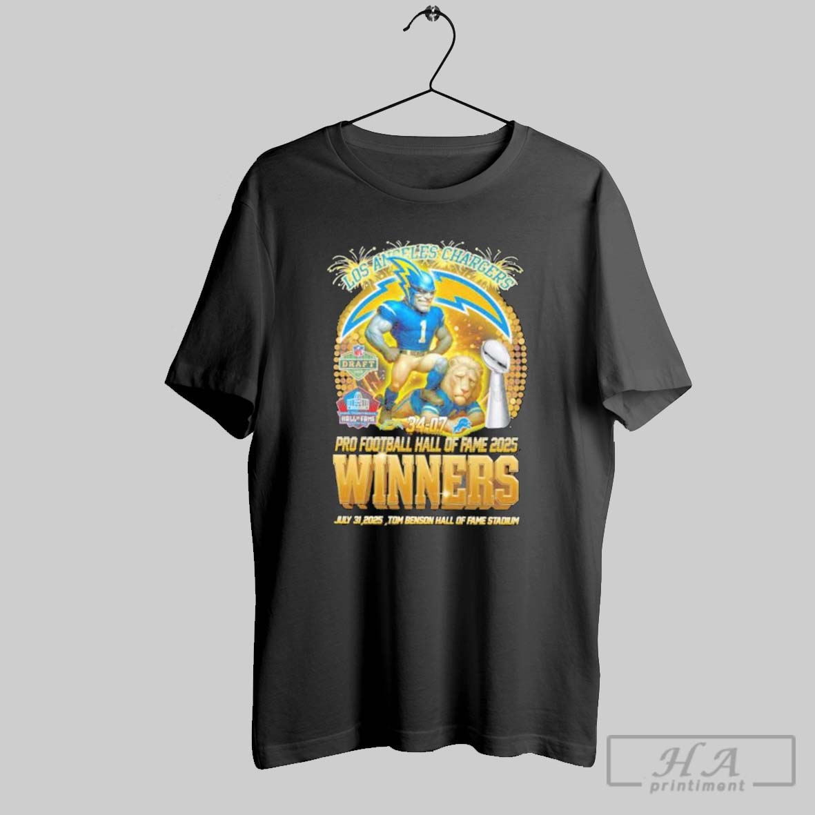 Los Angeles Chargers 34 07 Detroit Lions Pro Football Hall Of Fame 2025 Winners July 31 2025 Tom Benson Hall Of Fame Stadium Shirt