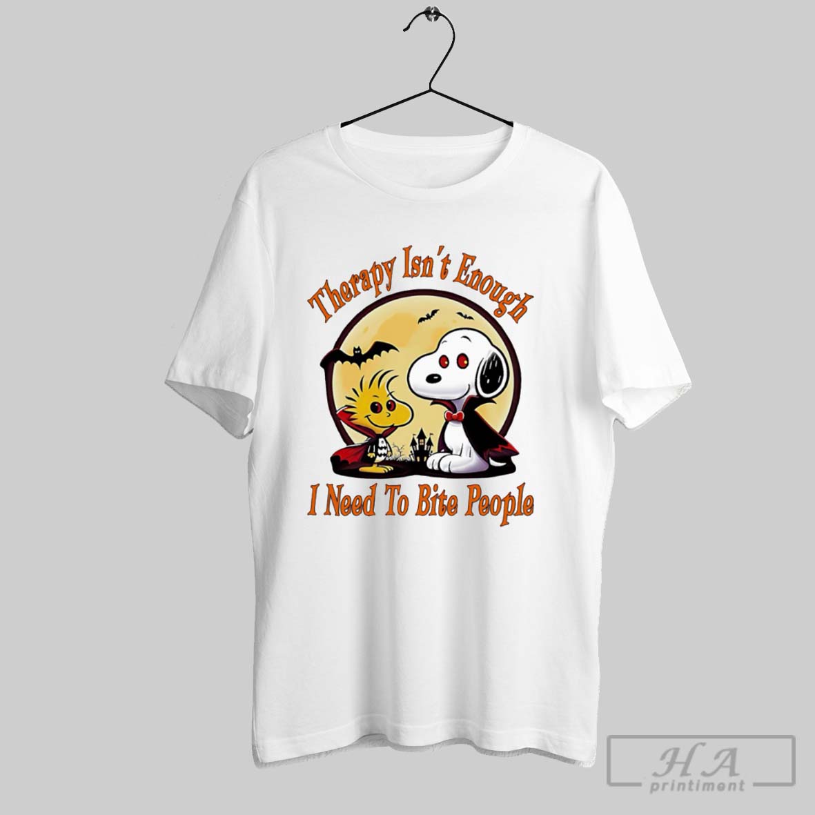 Official Snoopy And Woodstock Therapy Isnt Enough I Need To Bite People Halloween Tee Shirt
