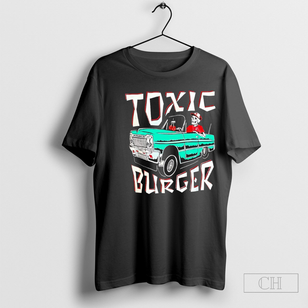 Official Toxic Burger Impala Skeleton Driving Classic Car Cartoon Shirt