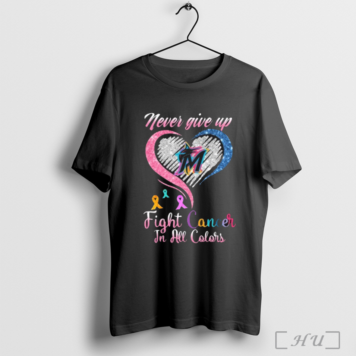 Officials Miami Marlins Never Give Up Heart Logo Fight Cancer In All Colors T Shirt Sweatshirt