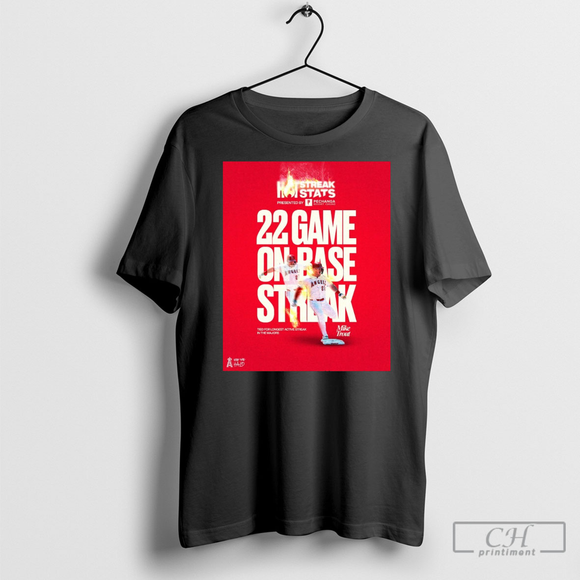 Original Los Angeles Angels Mike Trout 22 Game On Base Streak Tied For The Longest Active Streak In The Majors T Shirts