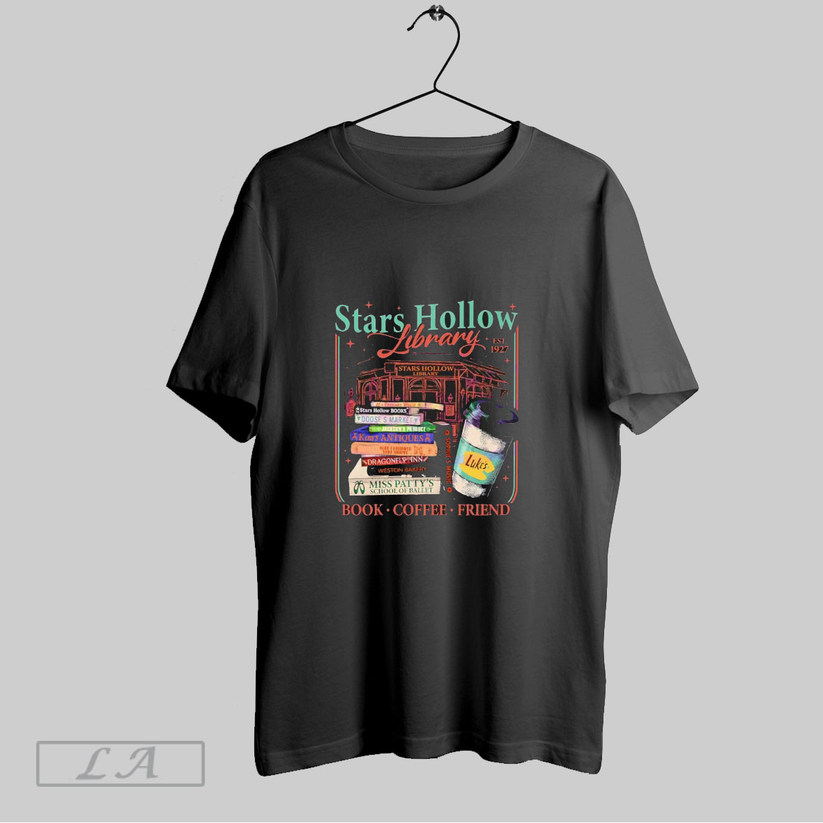 Stars Hollow Library Gilmore Girls Est 1927 Vintage Coffee Book Friend Illustration Shirt