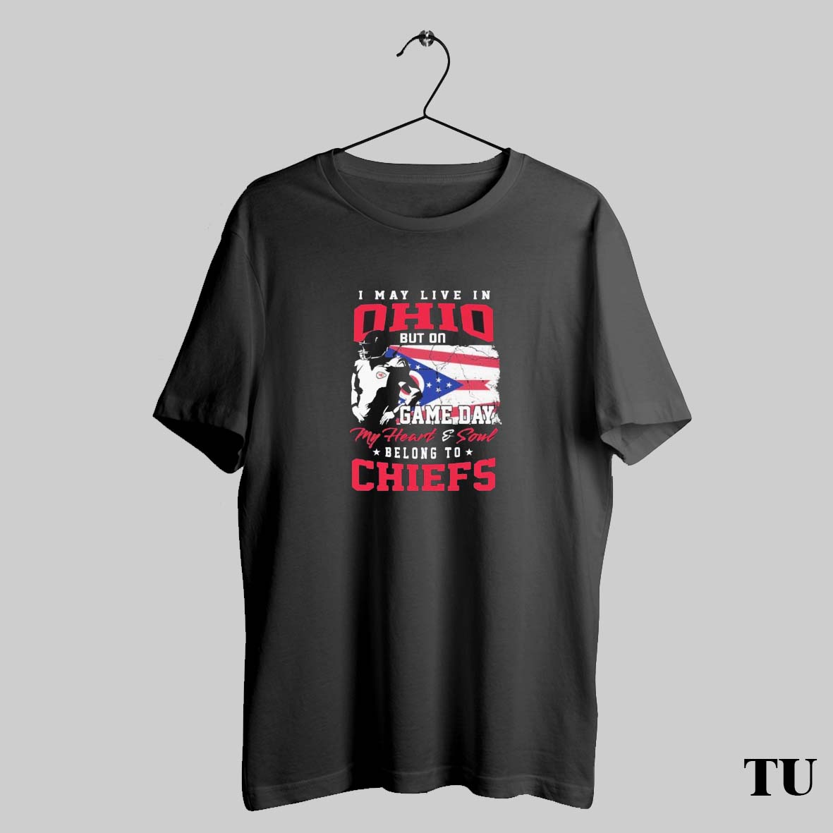 Trending I May Live In Ohio But Gameday My Heart And Soul Belong To Kansas City Chiefs Flag Shirt