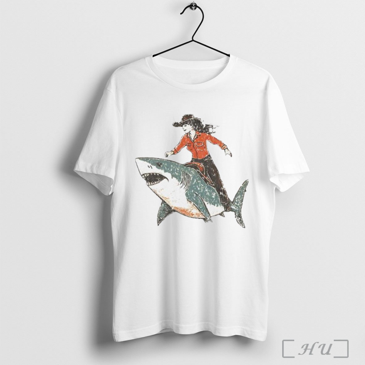 Western Cowgirl Riding Shark Vintage T Shirt Sweatshirt