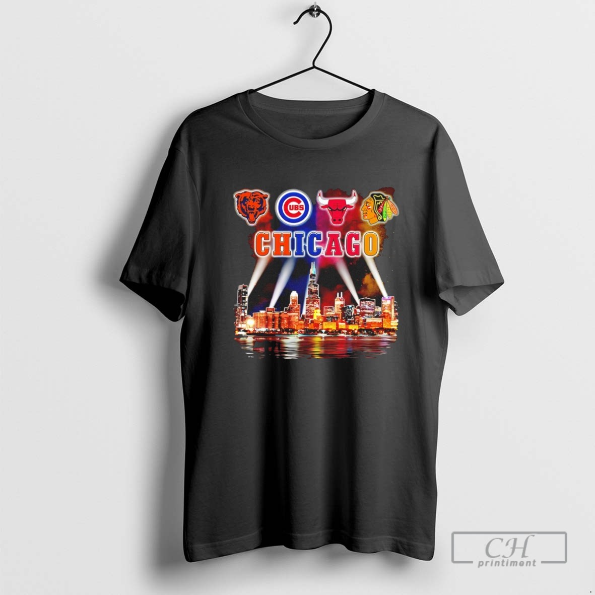 Chicago Sports City Skyline Bears Cubs Bulls Blackhawks T Shirt