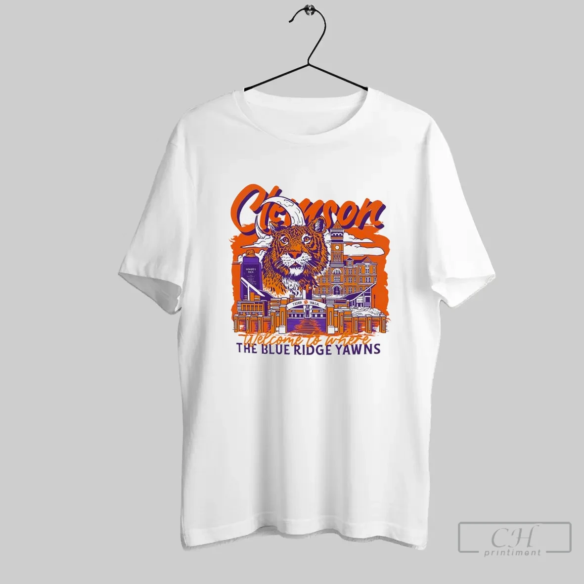 Clemson Tigers Football Welcome To Where The Blue Ridge Yawns Hand Drawn Campus Masot T Shirt Shirt