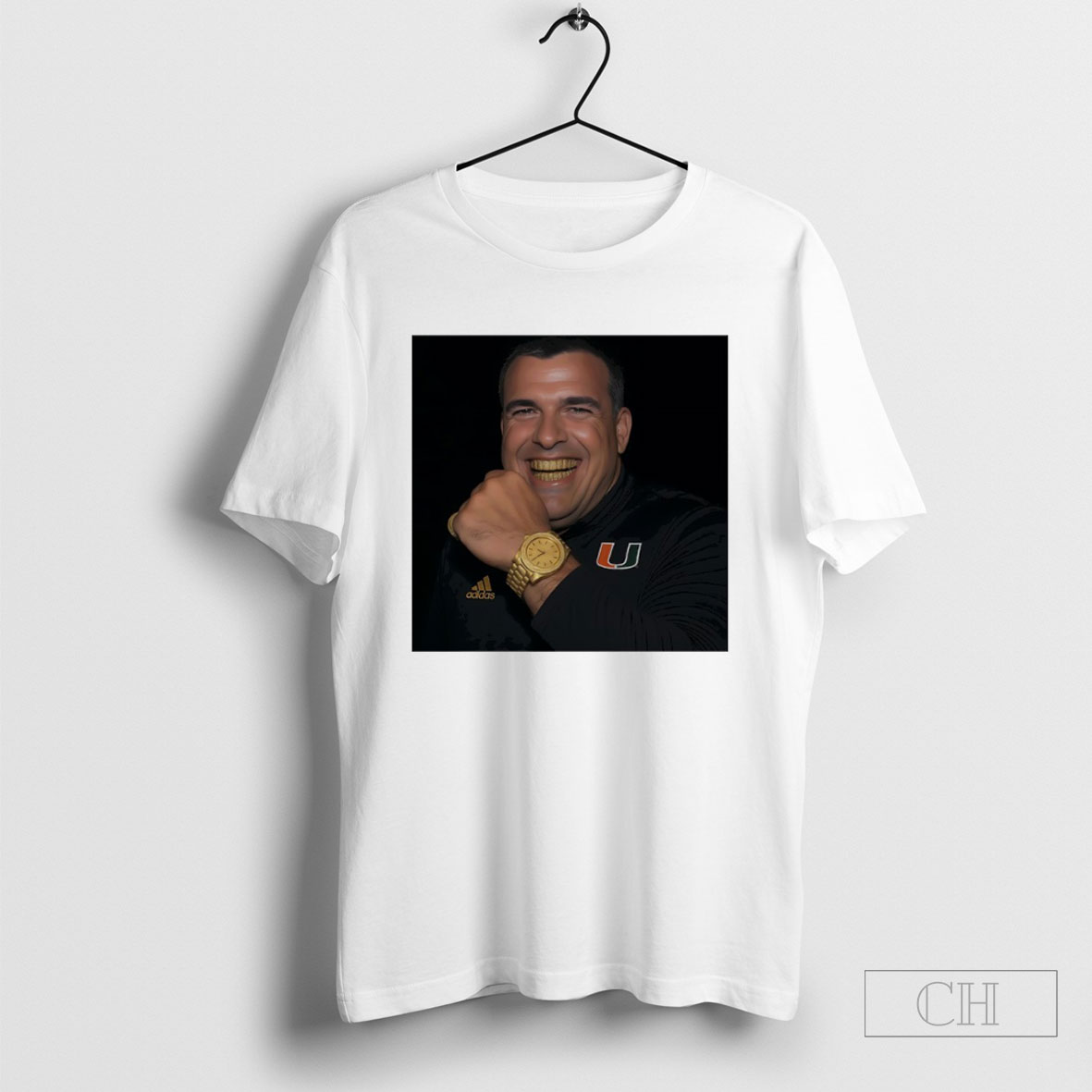 Coach Mario Cristobal Miami Hurricanes Gold Teeth And Clock Tee