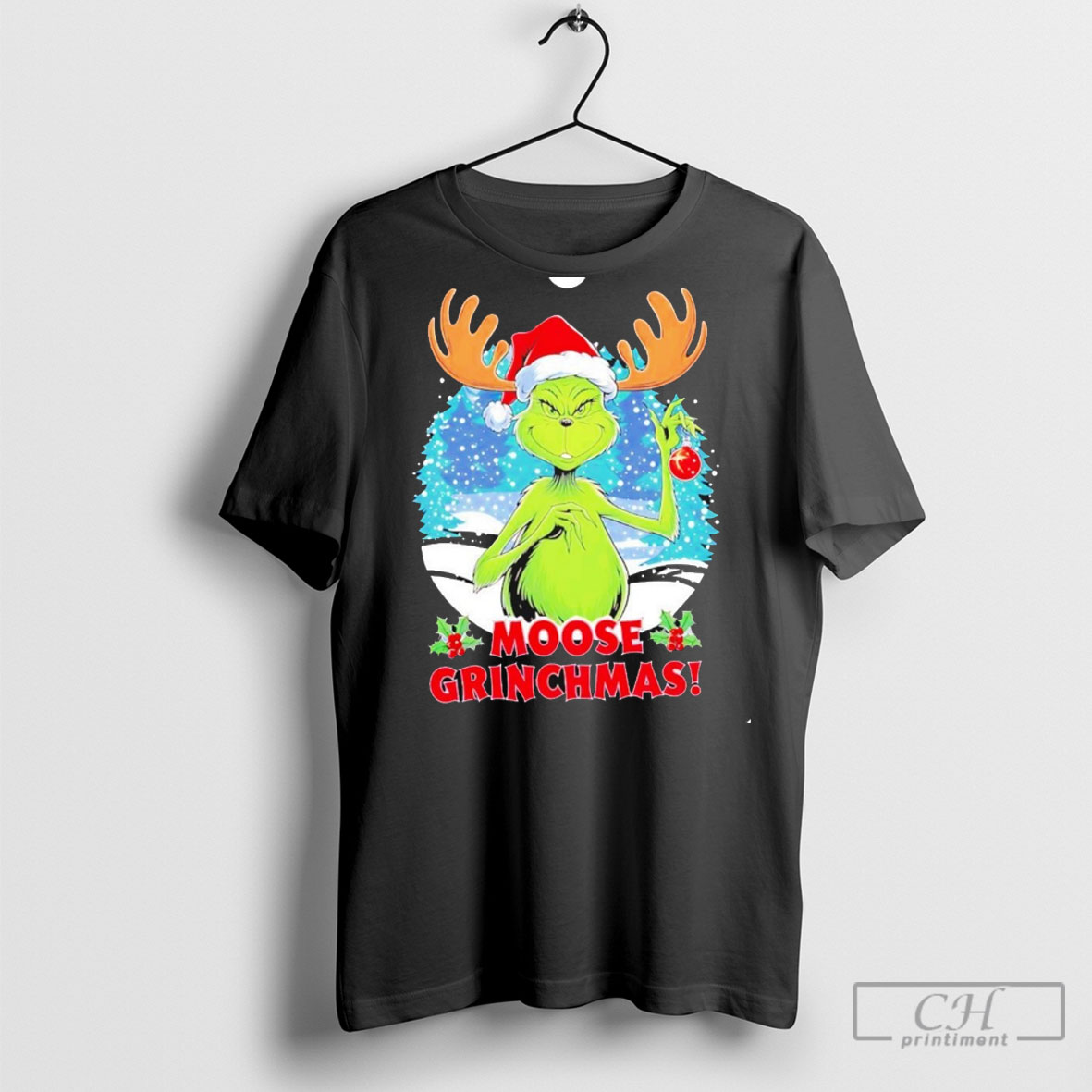 Grinch Moose Grinchmas Christmas Orament Black T Shirt