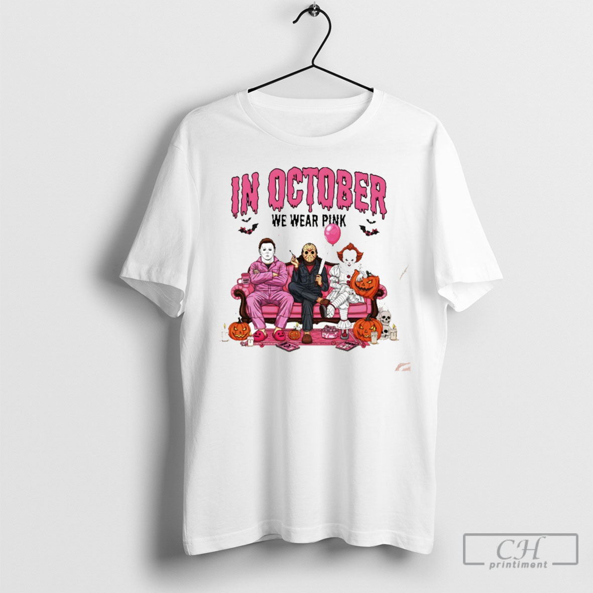 Horror Characters Halloween Slasher Couch Scene In October We Wear Pink T Shirt