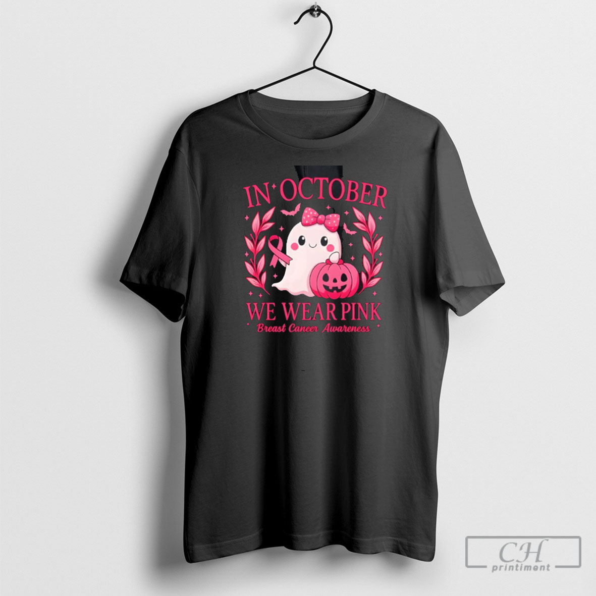 In October We Wear Pink Breast Cancer Awareness Cute Ghost T Shirt
