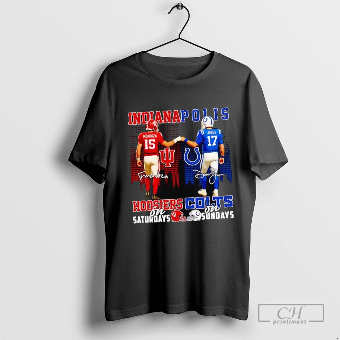 Mendoza Indiana Hoosiers On Saturdays X Jones Indianapolis Colts On Sundays Signatures 2025 T Shirt