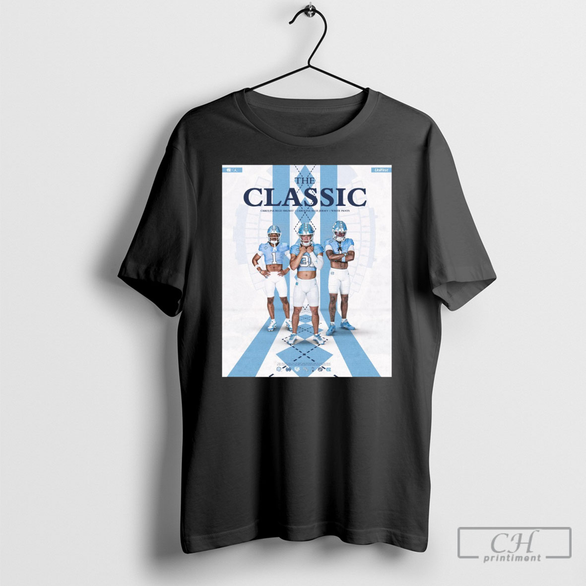 North Carolina Tar Heels The Classic Carolina Blue Helmet Carolina Blue Jersey White Pants Poster Shirt