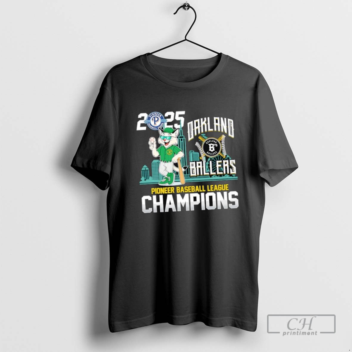 Oakland Bs Ballers 2025 Pioneer Baseball League Champions Cat Mascot Logo T Shirt