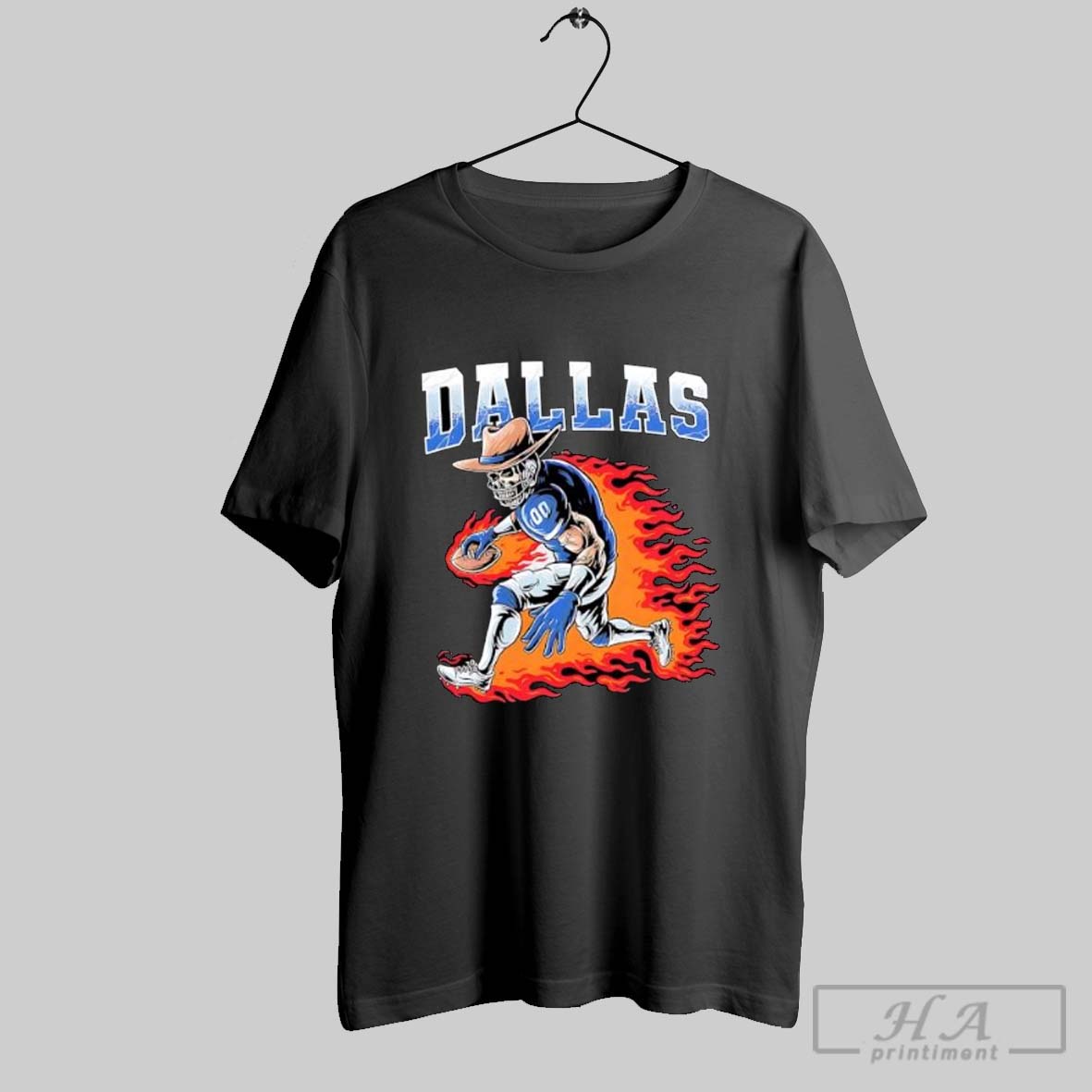 Official Dallas Football Flaming Cowboy Skeleton Player Posters Black Tee Shirt