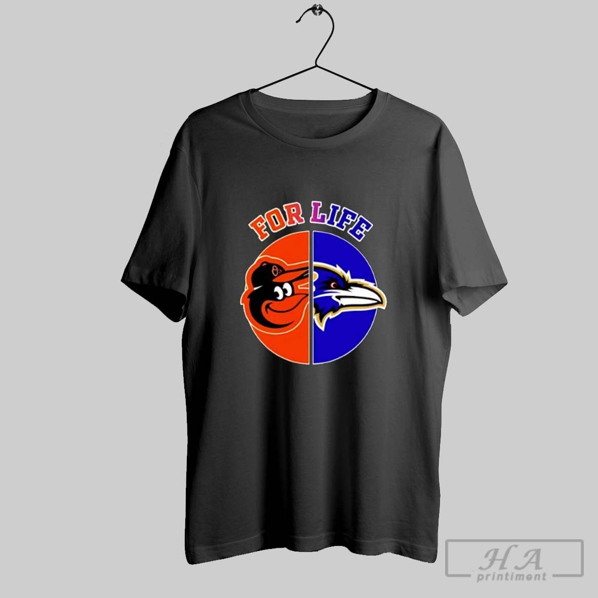 Official For Life Baltimore Orioles And Ravens Split Logo Graphic Posters Black Tee Shirt