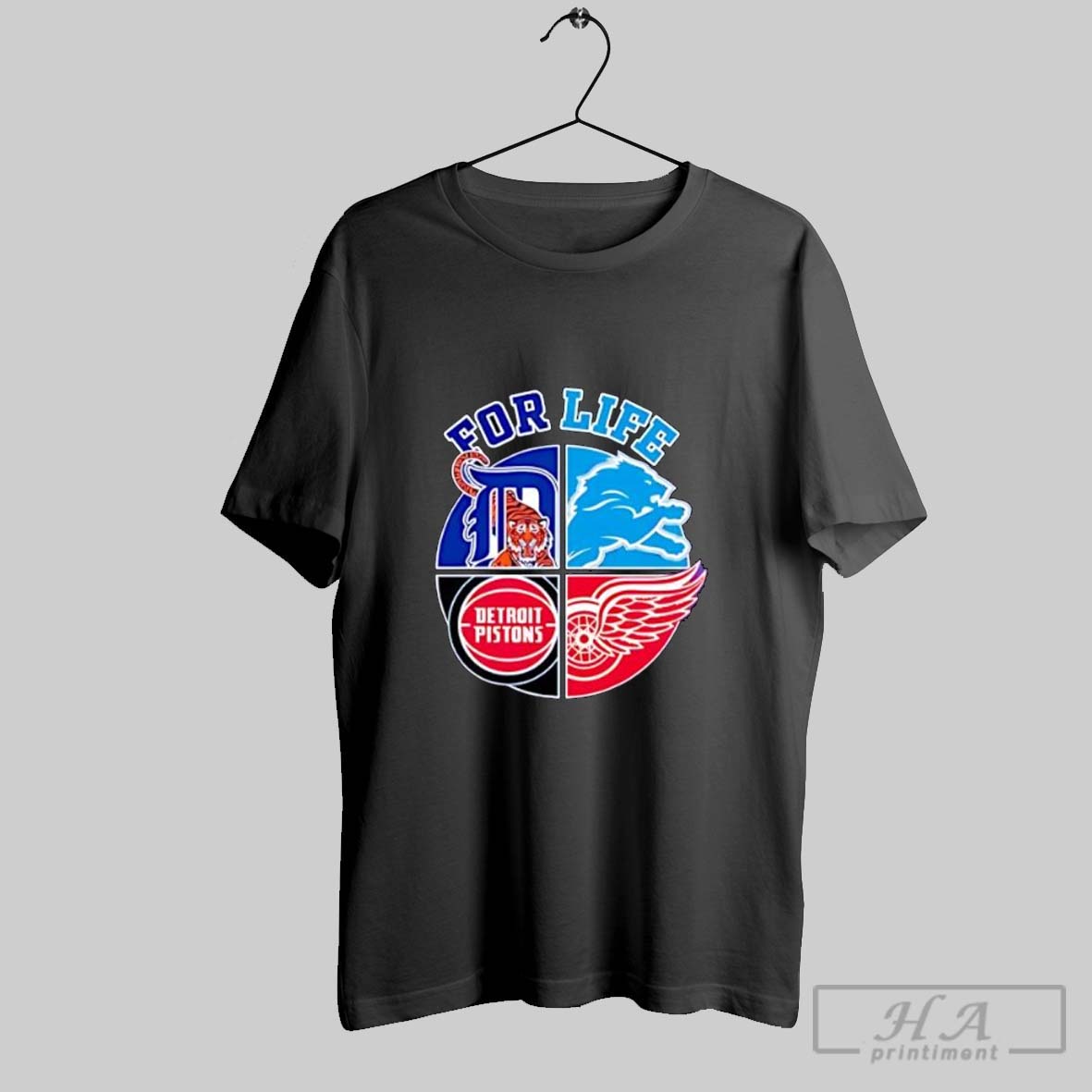 Official For Life Detroit Tigers Lions Pistons Red Wings Fan Posters Black Tee Shirt