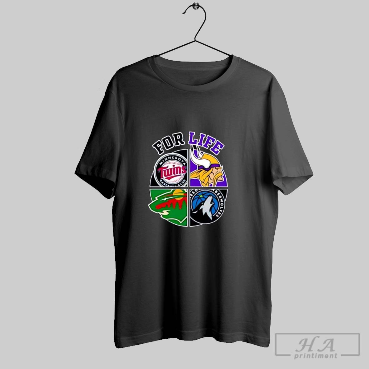 Official For Life Minnesota Twins Vikings Timberwolves Wild Sports Logo Posters Black Tee Shirt