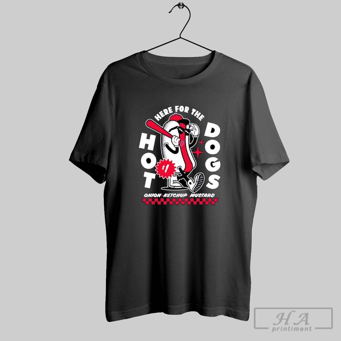 Official Here For The Dogs Hot Dog Mascot Onion Ketchup Mustard Posters Black Tee Shirt