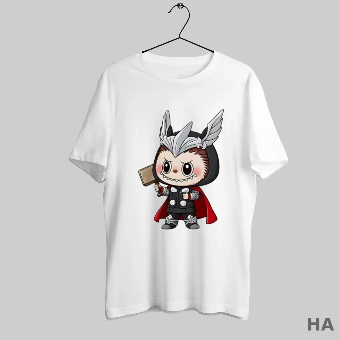 Official Labubu Wearing Thor God Of Thunder Costume Holding Hammer T Shirt